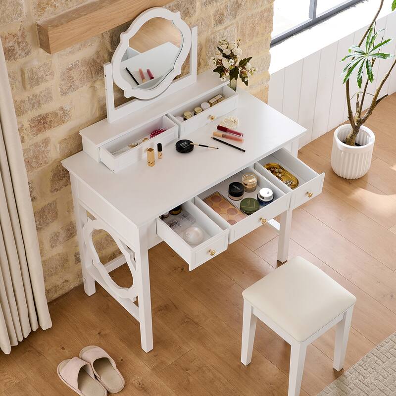 2-Piece Makeup Vanity Desk Set with PU Upholstered Stool, 5 Drawers Vanity Table Dressing Table with Swivel Vanity Mirror, White