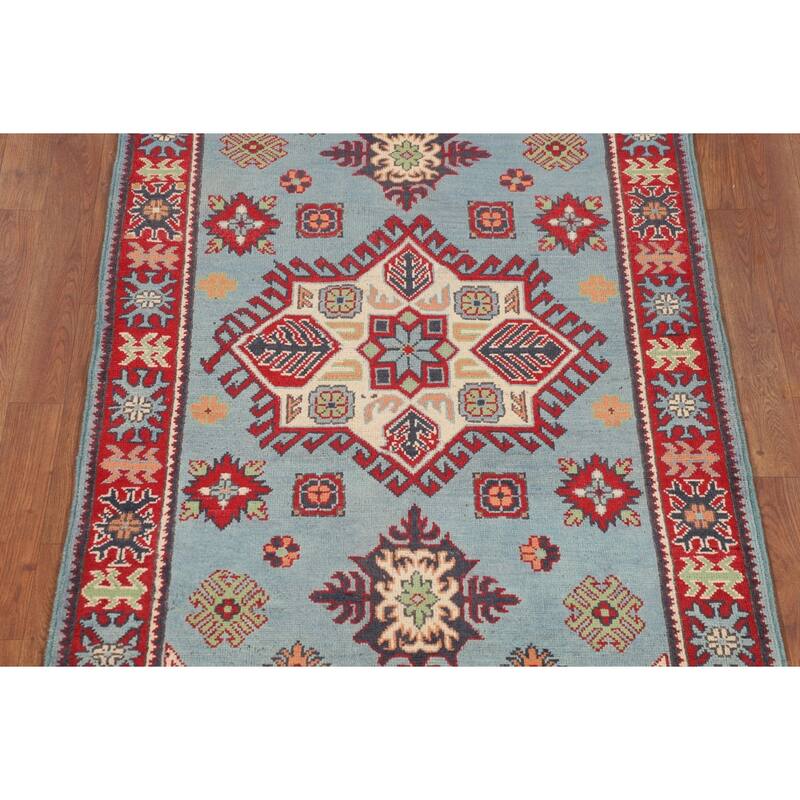 Geometric Blue Kazak Oriental Accent Rug Handmade Wool Carpet - 3'6" x 5'0"