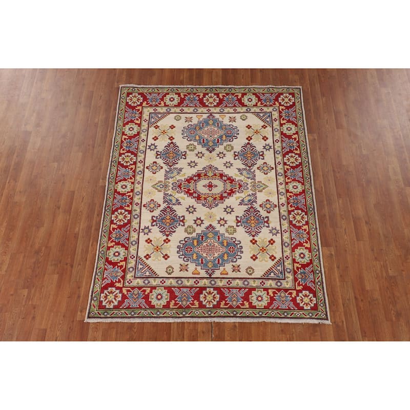Beige Geometric Kazak Oriental Area Rug Hand-Knotted Wool Carpet - 5'1" x 6'6"