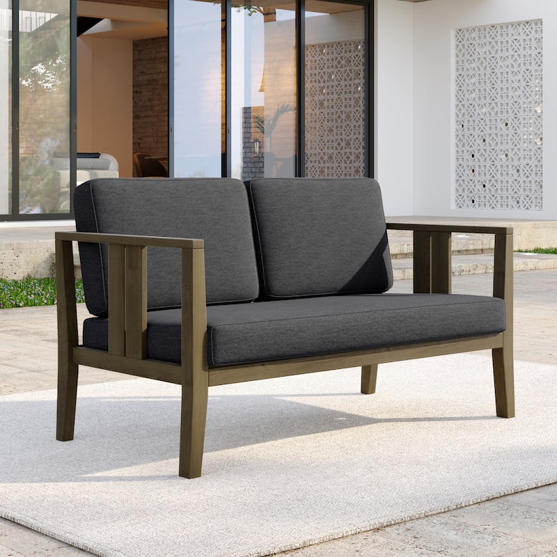 Casual Teak Wood Outdoor Patio Loveseat with Cushions - Natural Wood - Dark Grey