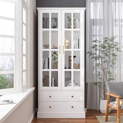 Glass Cabinet 70.1"White Display Curio Storage Cabinet with Glass Door