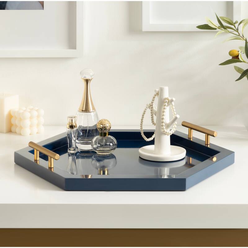 Halsey Hexagon Decorative Wood Tray with Polished Metal Handles