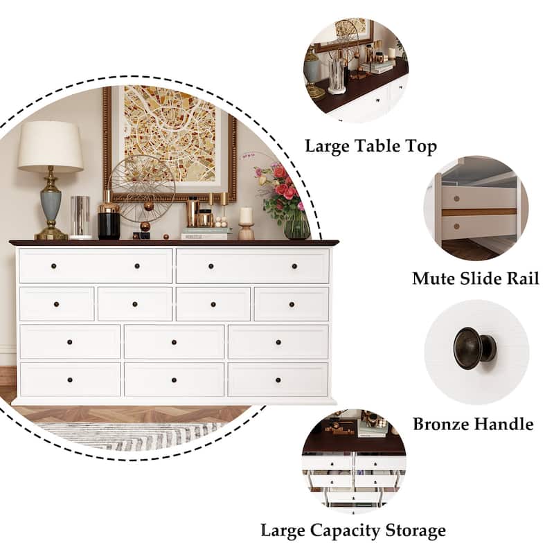 Versatile 12-Drawer Solid Wood Dresser - Brown & White Chest Of Drawer