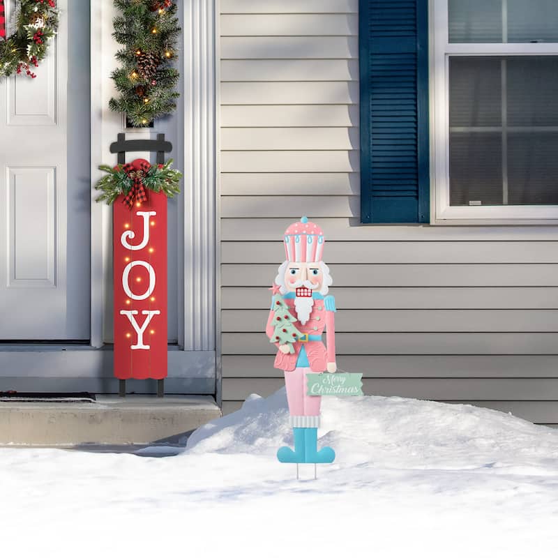 Glitzhome Metal Christmas Snowman Nutcracker Gnome Family Yard Stakes Wall Decor