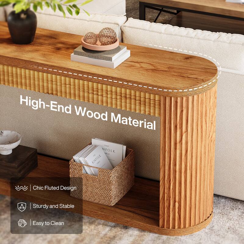 63" Oval Console Table, Wood Entry Desk with Waveform Fluted Design