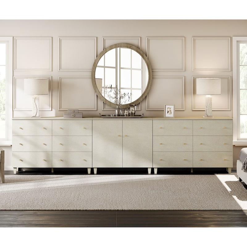 Wood Dresser with 12 Drawers and 1 Cabinet for Bedroom, 130" Wide