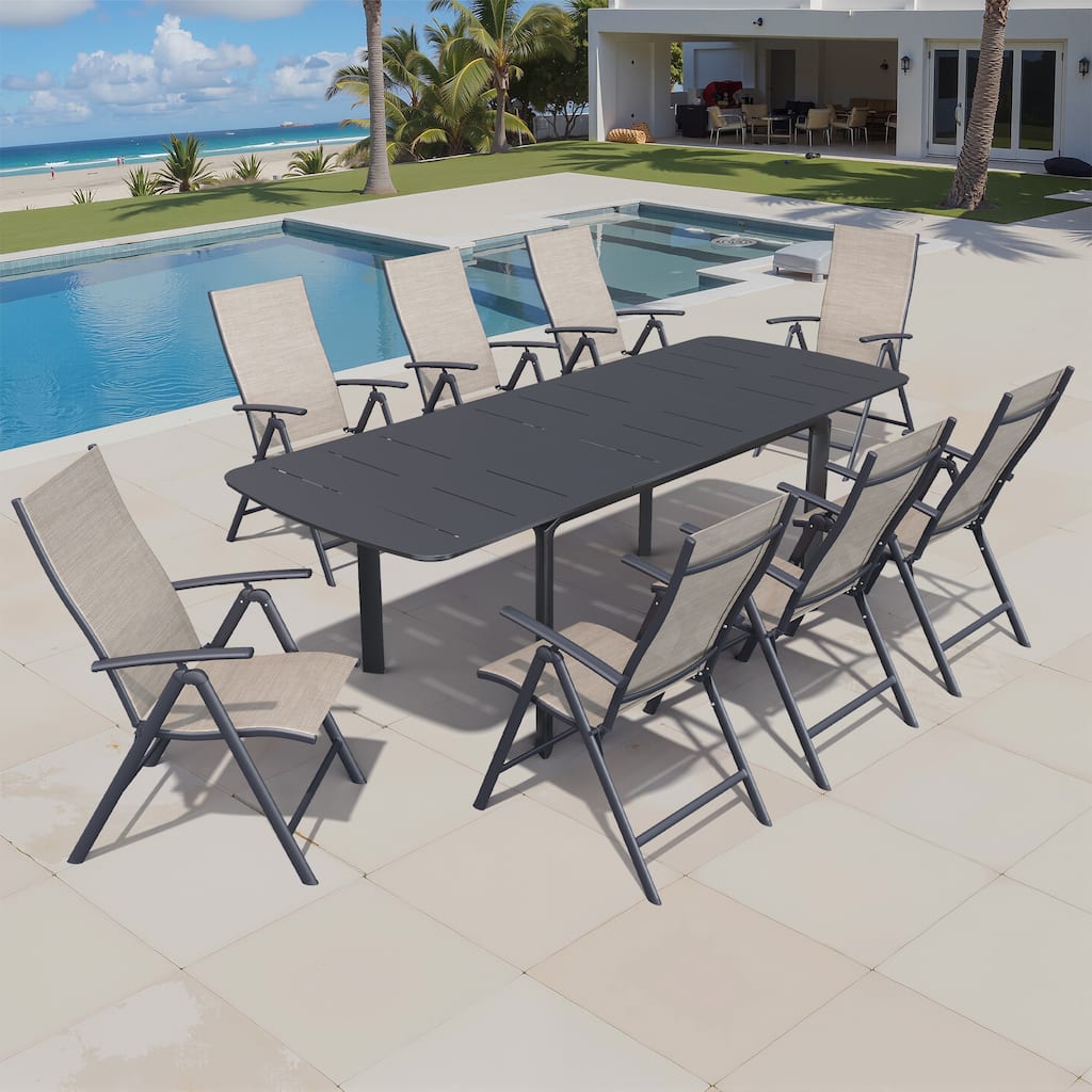 Outdoor Aluminum Expandable Patio Dining Extension Table with Durable Adjustable Reclining Folding Chair
