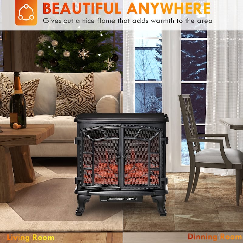HOMCOM 25" Electric Fireplace Wood Stove, Freestanding Fireplace Heater, Timer and Remote Control, 750W/1500W, Black
