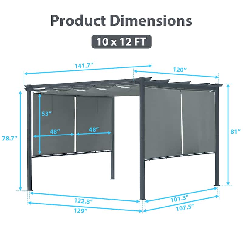 Aoodor 12' x 10' /12' x 12' Outdoor Retractable Canopy Pergola with 4 Pieces Roller Shade Curtain