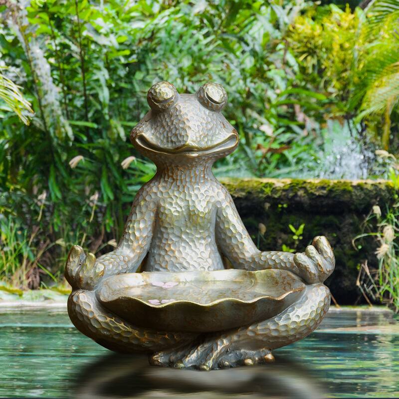 28" H Bronze MgO Lucky Stacked Frogs Garden Statues with "Welcome" Sign Zen-style Coastal-style Sculpture by Glitzhome