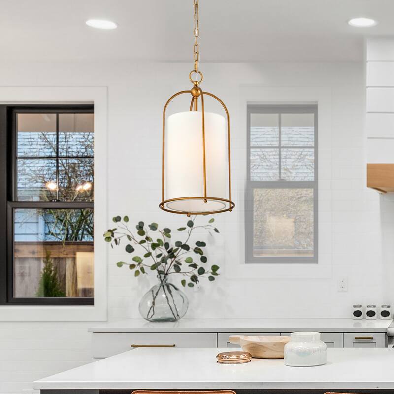 Antique Brass Finish 1-Light 10 in. Cage Pendant with White Fabric Shade