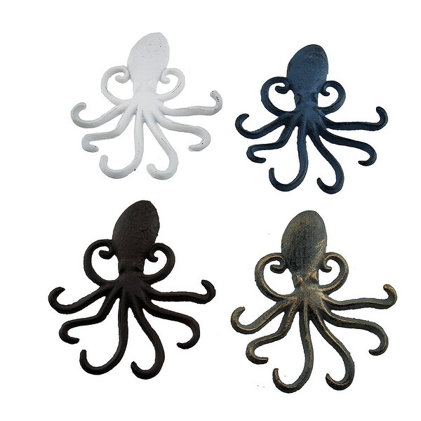 4 Piece Colorful Octopus Shaped Cast Iron Wall Hook Set - 6.5 X 5.75 X 0.75 inches