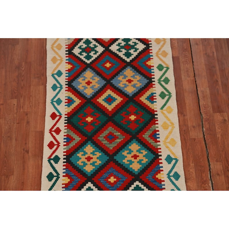 Hand Woven Oriental 100% Wool Carpet Southwestern Geometric Multi-Colored Kilim Runner Rug - 13' 2'' X 2' 9''