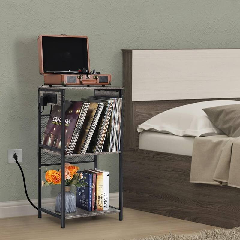 3-Tier Vinyl Record Player Stand with Charging Station
