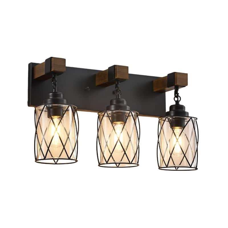 3 Light bathroom light fixtures black wall sconces glass, metal, wood wall light