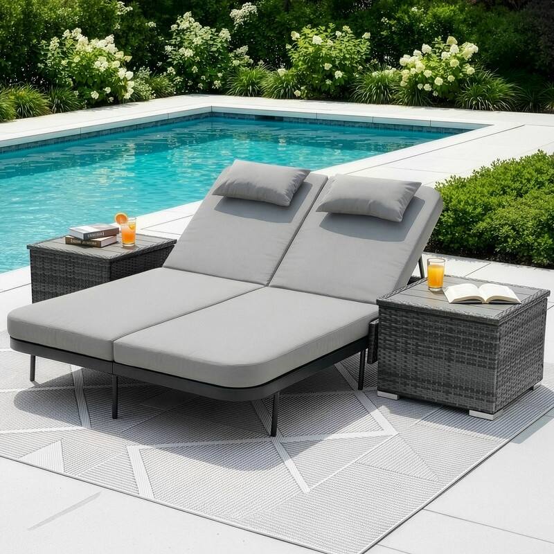 2-Person Outdoor Double Chaise Lounge with 2 Side Tables, Wicker Patio Reclining Daybed, Adjustable Backrests, 800 lb Capacity - Grey