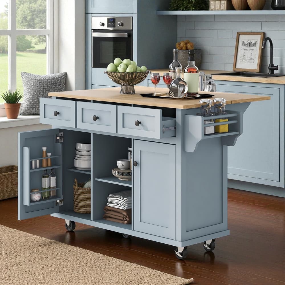 53" Kitchen Island Cart with Rubber Wood Drop Leaf, Rolling Storage Cabinet with Drawers, Spice & Towel Rack
