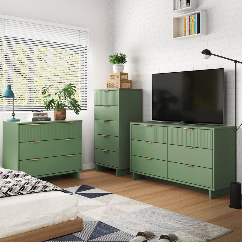 Manhattan Comfort 3-Piece Granville Modern Solid Wood Tall Chest Double Dresser Set - Sage Green