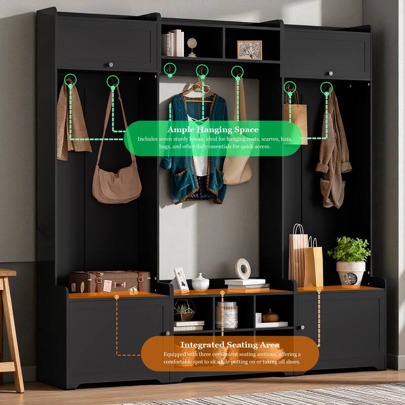 79.1'' Wide Modern 4-in-1 Hall Tree with Bench, 8 Cubbies, Adjustable Shelves & 7 Hooks for Entryway, Hallway, Living Room