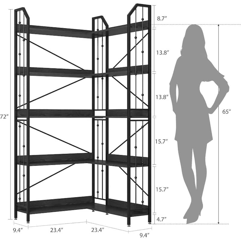 72" 5 Tier Industrial Corner Bookshelf, L-Shaped Bookcase - N/A