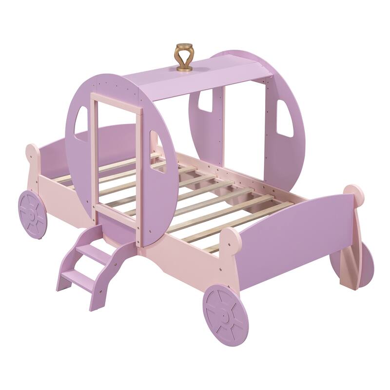 Twin Size Kids Princess Bed, Carriage Bed with Crown Decor, Wood