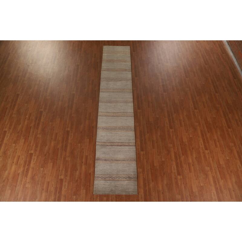 Hand Knotted Oriental 100% Wool Carpet Modern Stripe Greys & Charcoal Modern Runner Rug - 13' 3'' X 2' 7''