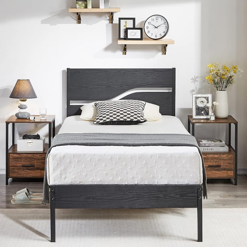 VECELO 2 Pack Twin Size Kids Bed Industrial Platform Bed Frame with MDF Curved Cutout Headboard Twin Size Bed Set of 2
