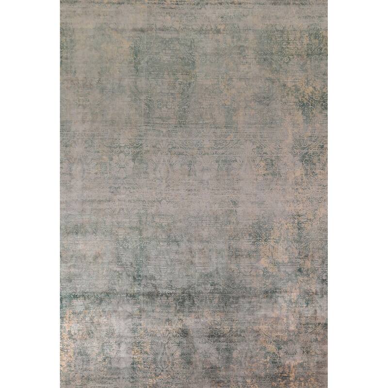Green Abstract Indian Large Area Rug Hand-Knotted Wool Carpet - 9'9"x 14'1"