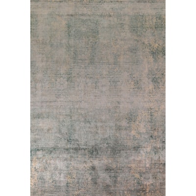 Green Abstract Indian Large Area Rug Hand-Knotted Wool Carpet - 9'9"x 14'1"