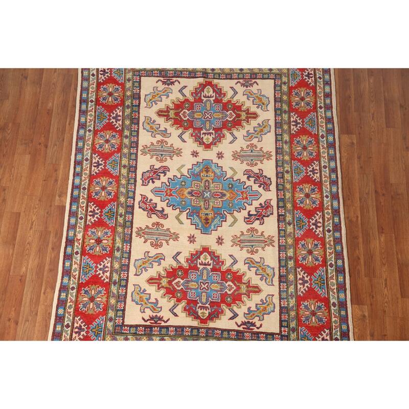 Beige Traditional Kazak Area Rug Hand-Knotted Wool Carpet - 4'10" x 7'3"