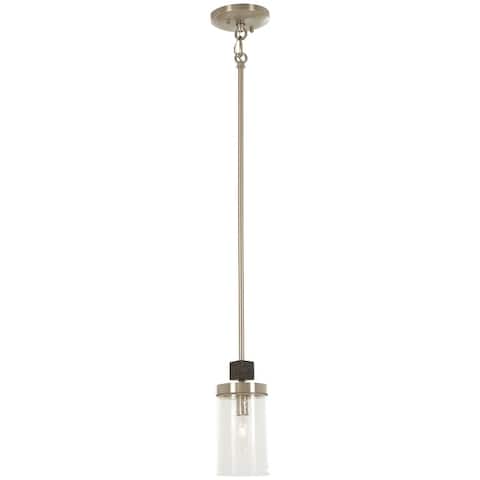 Bridlewood single-light mini pendant light fixture with a stone gray and brushed nickel finish and clear seeded glass