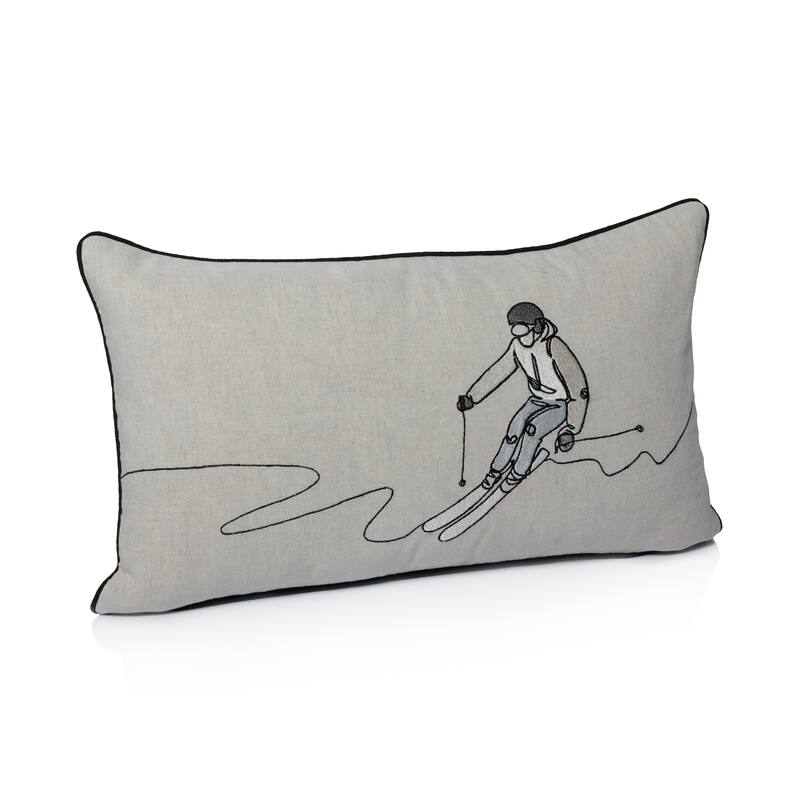 Suvretta Linen Embroidered Lumbar Throw Pillow - Skier
