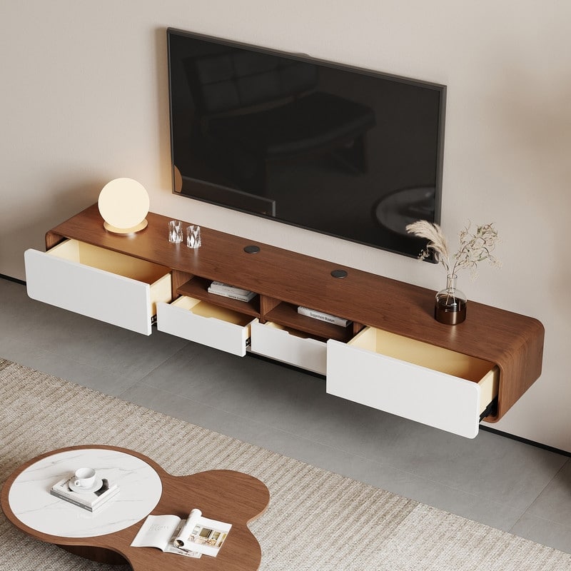 70.78" Mid Century Floating TV Stands, Modern Media Console with Brown Solid Wood, 4 Drawers
