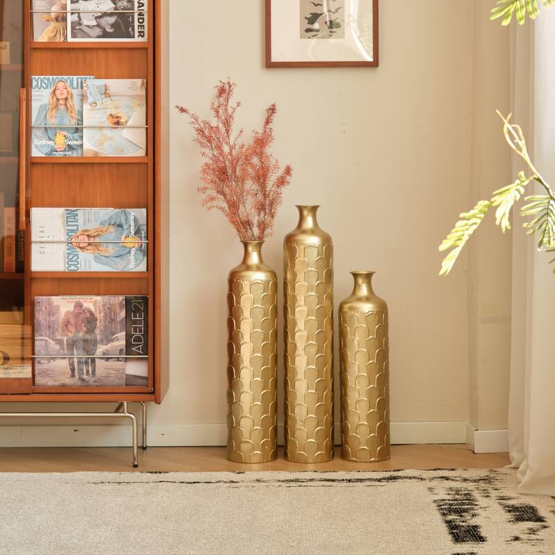 Floor Metal Vases Decorated Trumpet Vase Set of 3, Large Glazed Metal Vases, Hammered Finishes Minimalist Vase