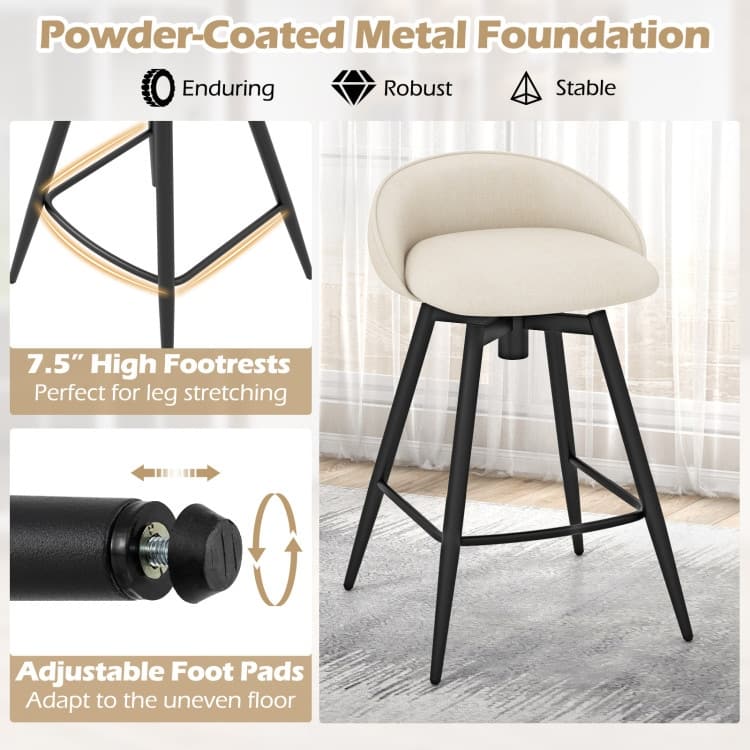 Swivel Bar Stools Set of 2 with Linen Upholstery, Metal Frame and Footrest - 19.5" x 19" x 30"