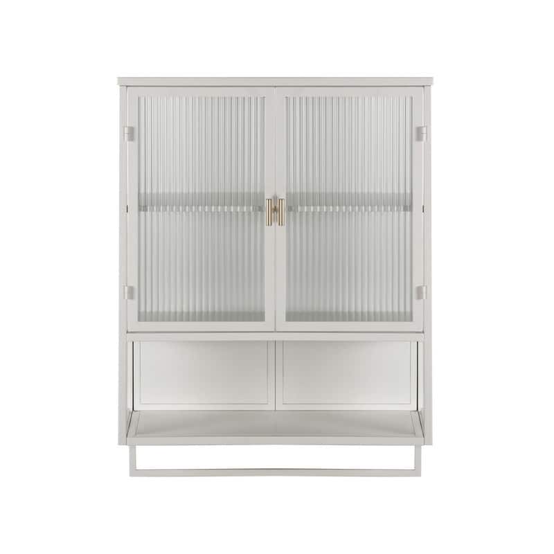 23.62" Modern Fluted Glass Wall Cabinet with Two Doors, Open Shelf & Towel Rack