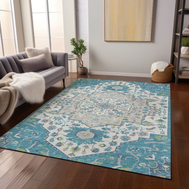 Machine Washable Indoor/ Outdoor Traditional Medallion Chantille Rug - Teal - 2'6" x 3'10"