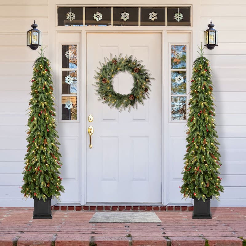 Glitzhome 4ft/6ft/7ft Pre-lit Green Artificial Christmas Porch Tree with Red Berries,Pinecones and 100 Warm White Lights - 2-Piece 7ft