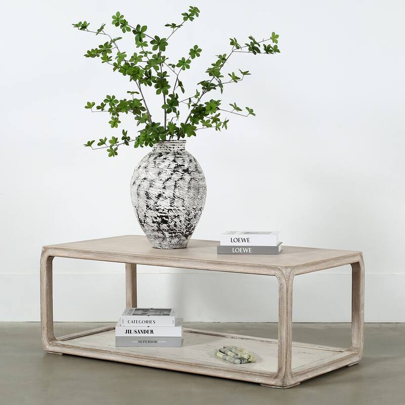 Peking Coffee Table w/Base, 47 Inch Long, White Wash Finish - Wood