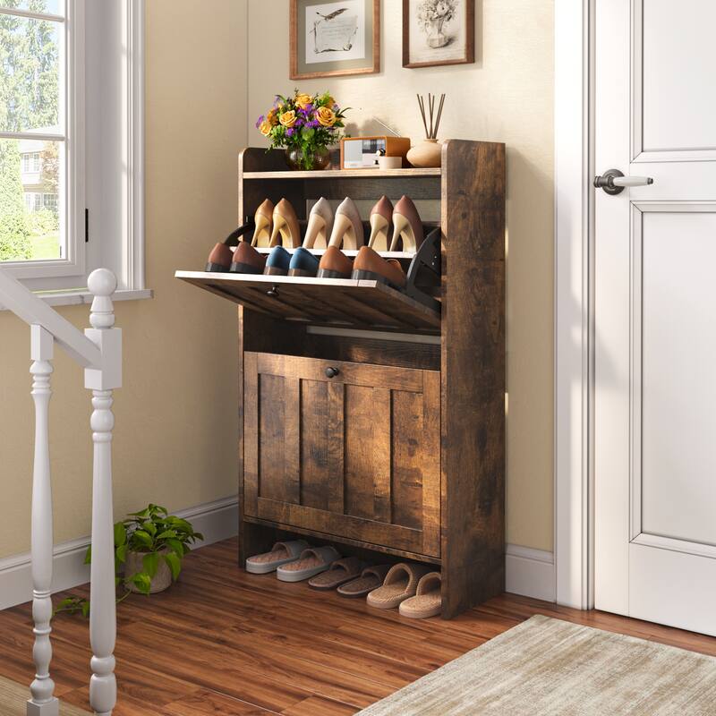 Shoe Cabinet with Flip Drawers, Slim Shoe Storage Cabinet for Entryway, Freestanding Narrow Rack with Open Storage - Retro - 2 Flip Drawer