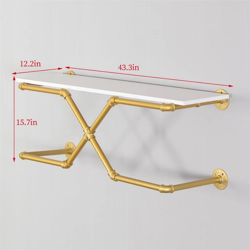 Industrial Pipe Clothing Rack Modern Simple Wall Mounted - 12.2"D x 43.3"W x 15.7"H