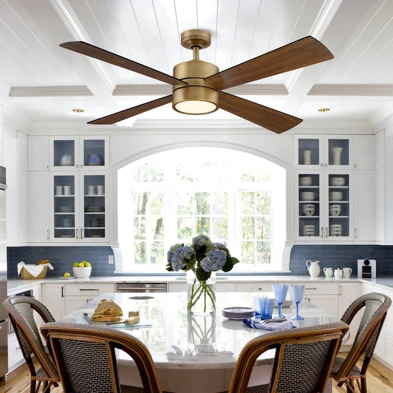 52" Wooden 4-Blade Brushed Brass LED Ceiling Fan with Remote