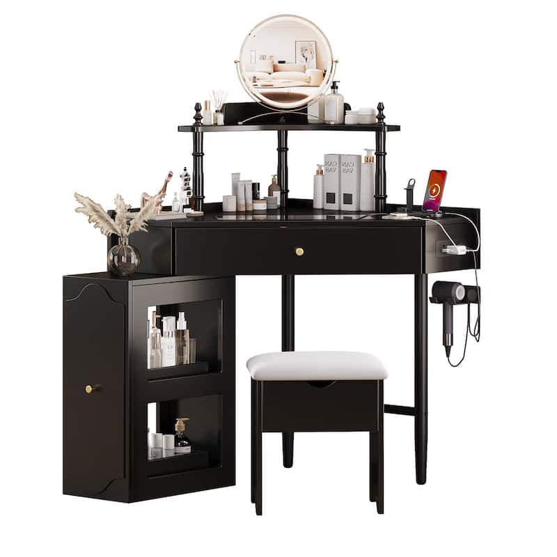Corner Vanity Desk Set with Cushioned Stool and Charging Station,Triangle Makeup Desk with Removable Pull-Out Side Cabinet