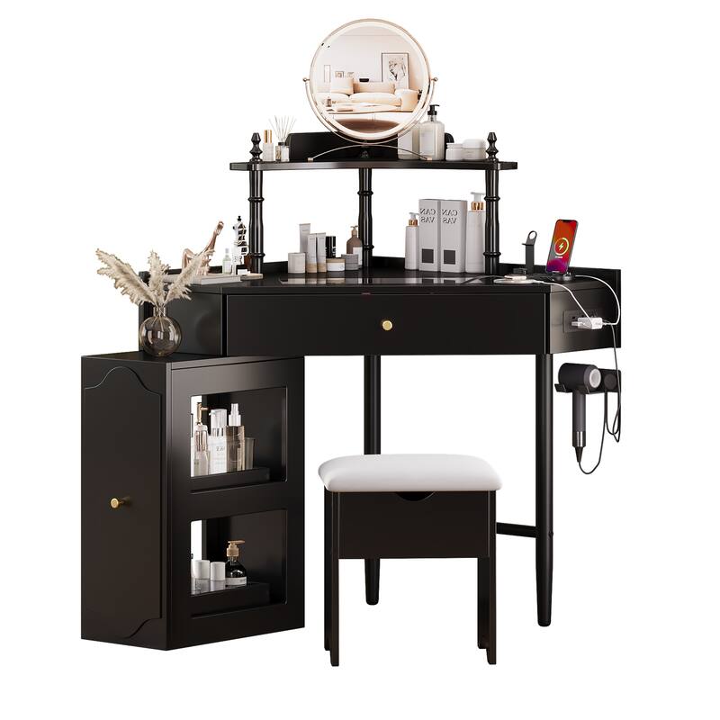 Roomfitters Corner Vanity Desk Set with Stool, Charging Station, Glass Top, Drawer, Shelf, Pull-Out Cabinet
