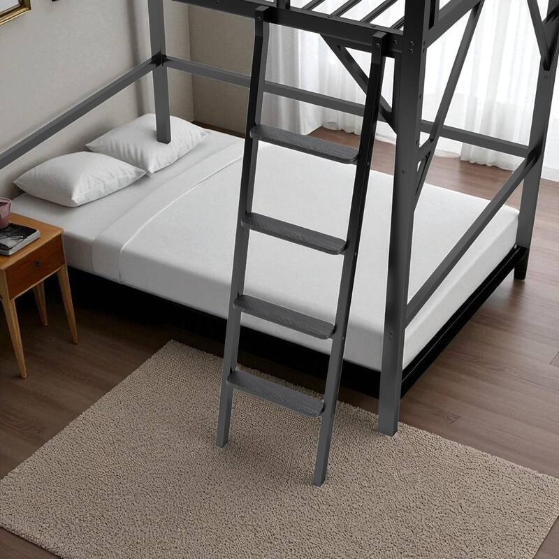 Full Size Metal Loft Bed with Ladder & Upper Storage Shelf, 55 in Clearance, Guardrails, 300 lb Capacity