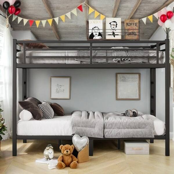 slide 2 of 9, Black Metal Bunk Bed, Queen over Queen Kids Bed Black