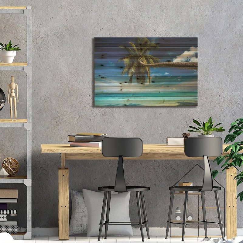Palm Tree Bending Over The Beach, Bora Bora, Society Islands, French Polynesia Print On Wood by Panoramic Images - Multi-Color