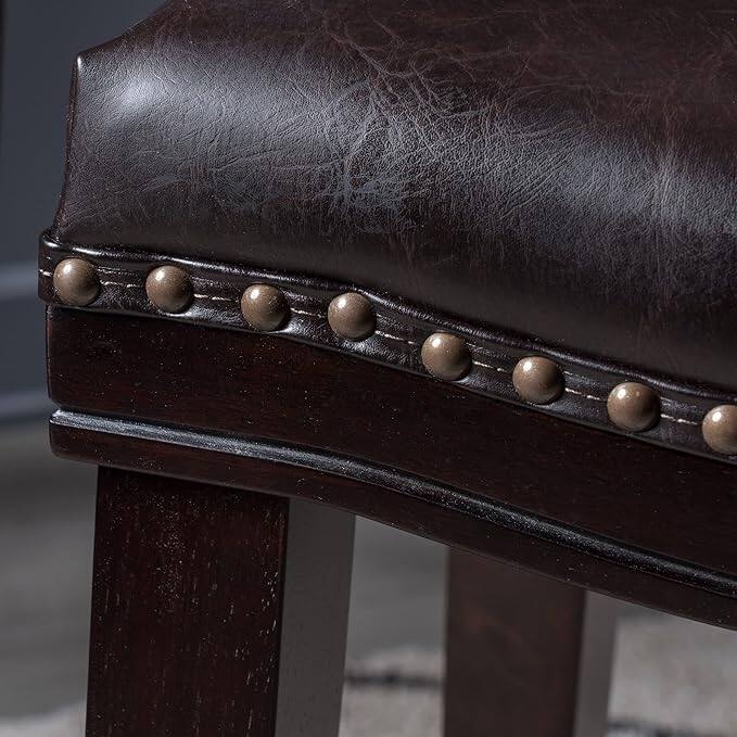 Modern Set of 2 Bar Stools with Leather Cushioned Seats, Nailhead Trim, Solid Wood Legs for Dining Room Living Room and Bar