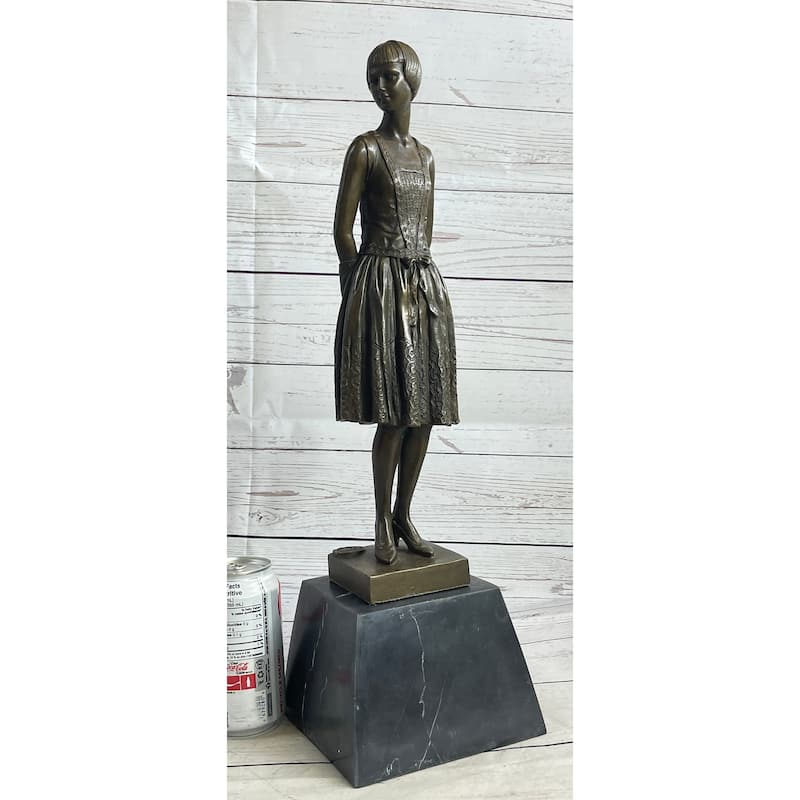 Young Woman In Dress With Short Hair Bronze Figure Statue Sculpture On Marble Base