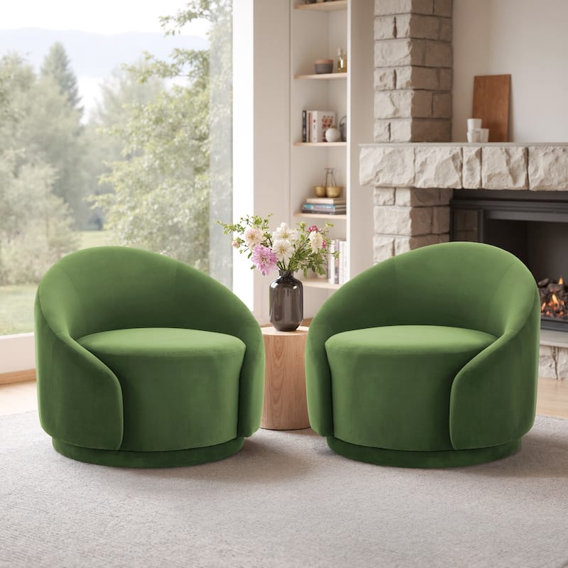 35" W Modern Upholstered Velvet/ Boucle Barrel Swivel Chair - Set of 2 - Green/ Velvet